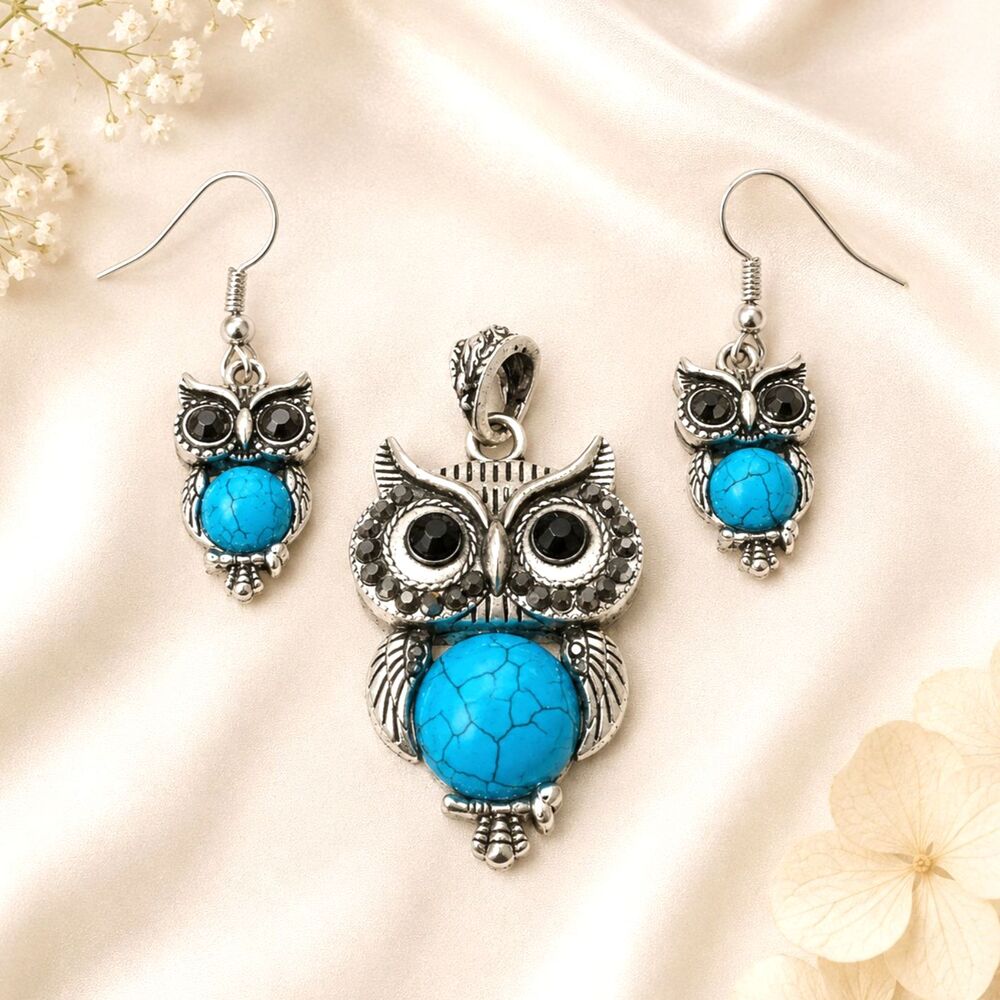 Silver Tone Faux Howlite Owl Pendant & Earring Set Demi Parure
